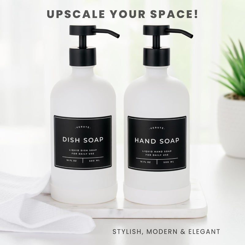 Verute Hand and Dish Soap Dispenser for Kitchen and Bathroom, Set of 2 16 Oz Glass Bottles, Stainless Steel Pumps, Non-Slip Silicone Base, 27 Waterproof Labels (Matte White Bottle/Black Pump) - Image 3